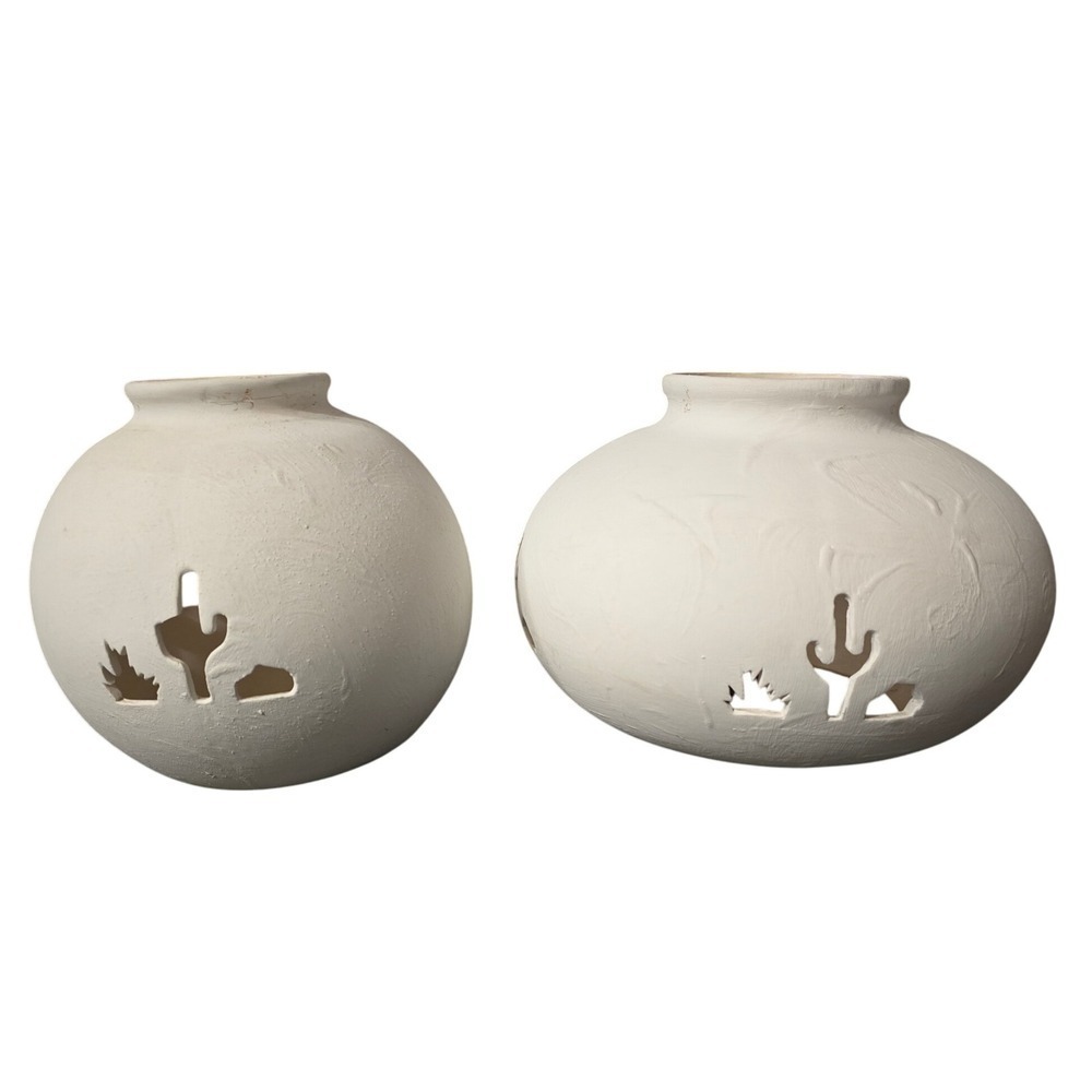 Pair of Southwestern Pottery Candle Holders with Cutout Desert Design